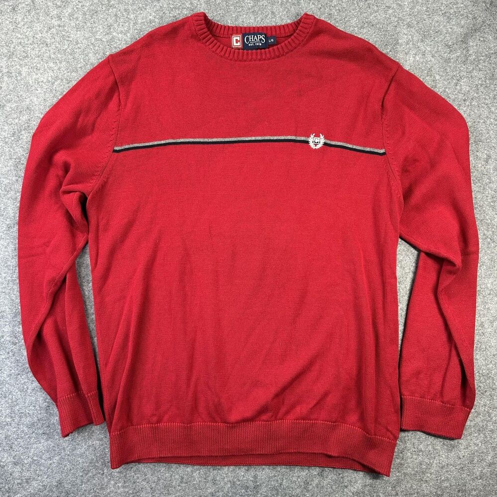 Chaps Sweater Mens Large Red Cotton Crewneck Stripe Logo Knit Pullover Casual